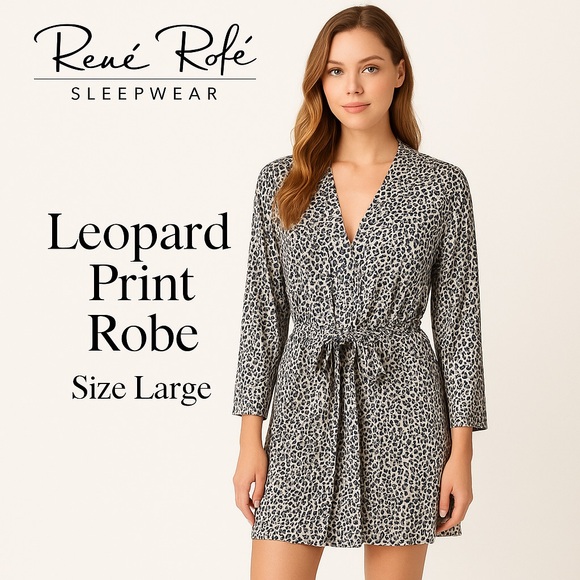 Rene Rofe Other - René Rofé Leopard Print Robe L Belted Lounge Soft Jersey Knit 3/4 Sleeve 34”